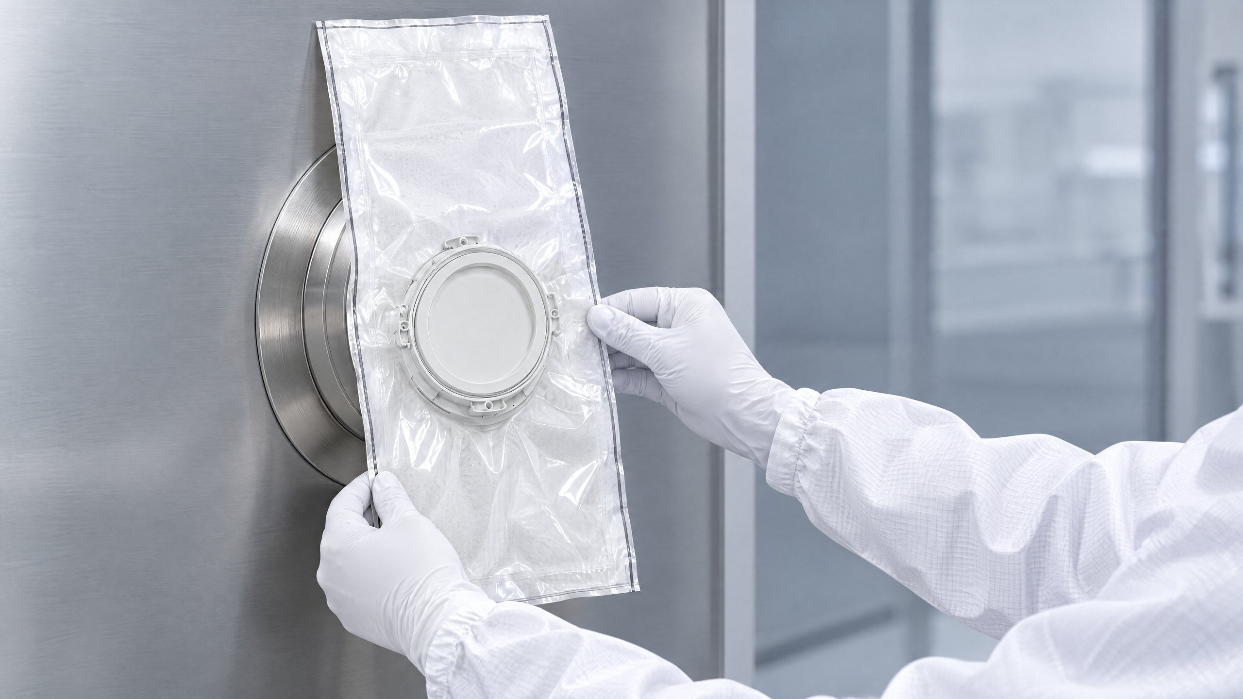 A DELTAQUANT beta bag locked flush on the alpha port of an isolator, held by a gloved operator; the flat pouch hangs against the stainless-steel wall.